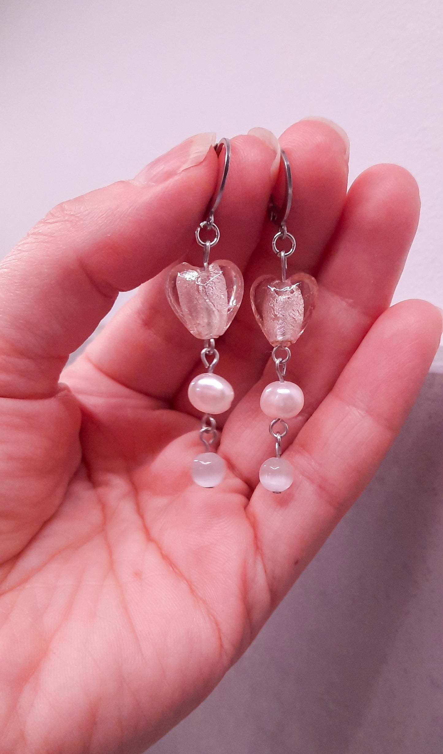 dangle pink heart glass bead freshwaterpearl earrings