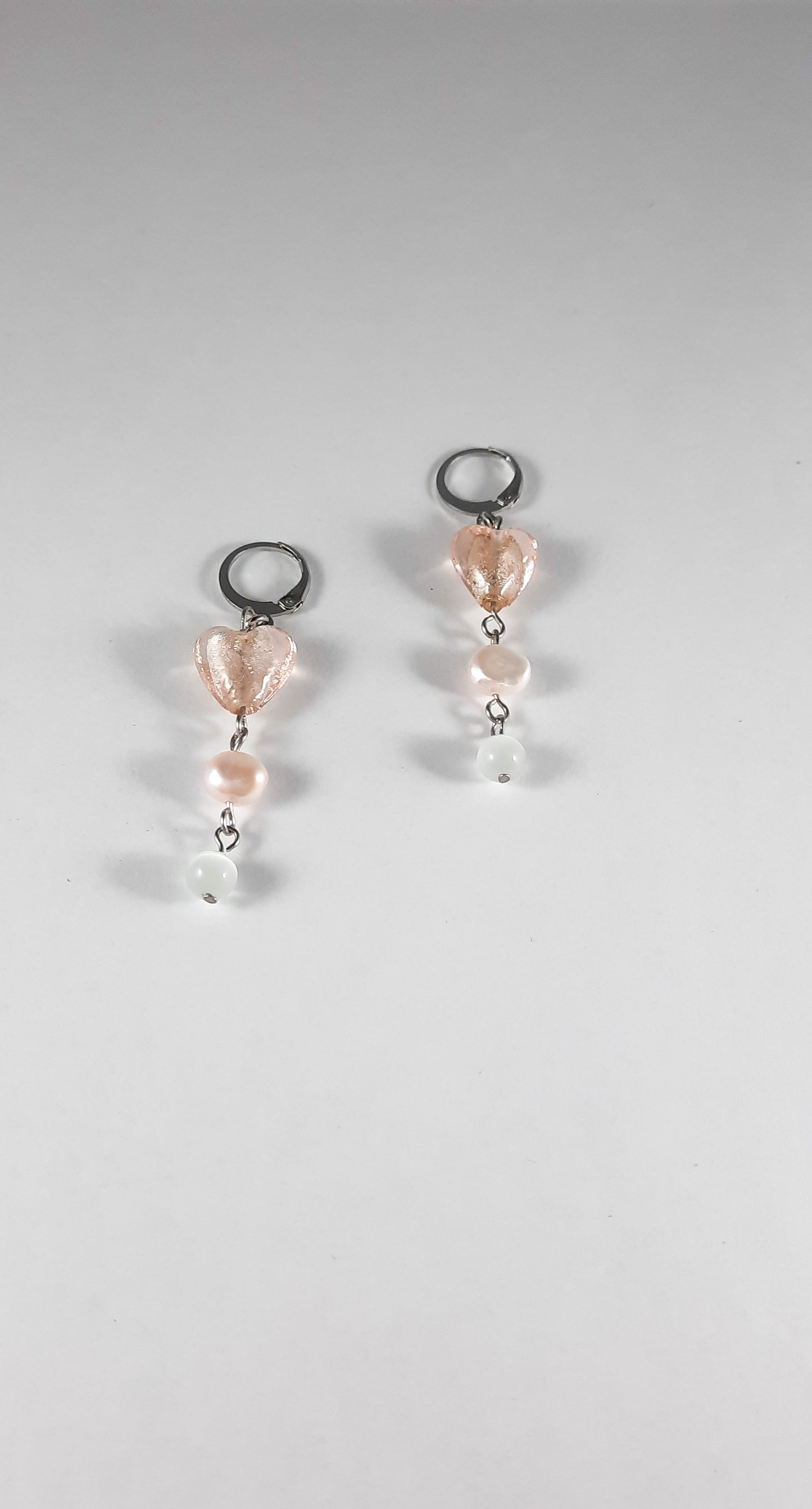 dangle pink heart glass bead freshwaterpearl earrings