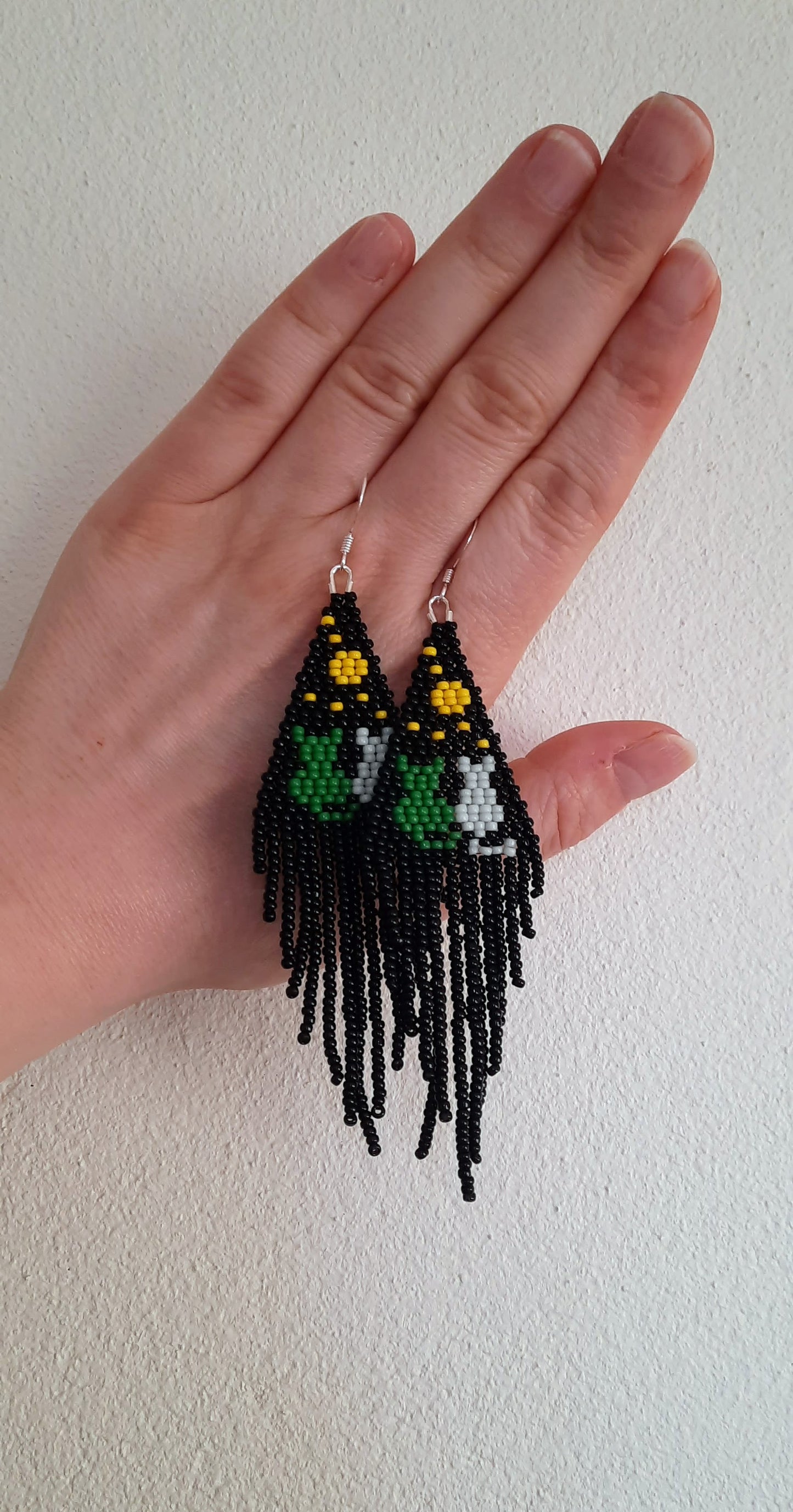 Handwoven fringe seed bead earrings black cats