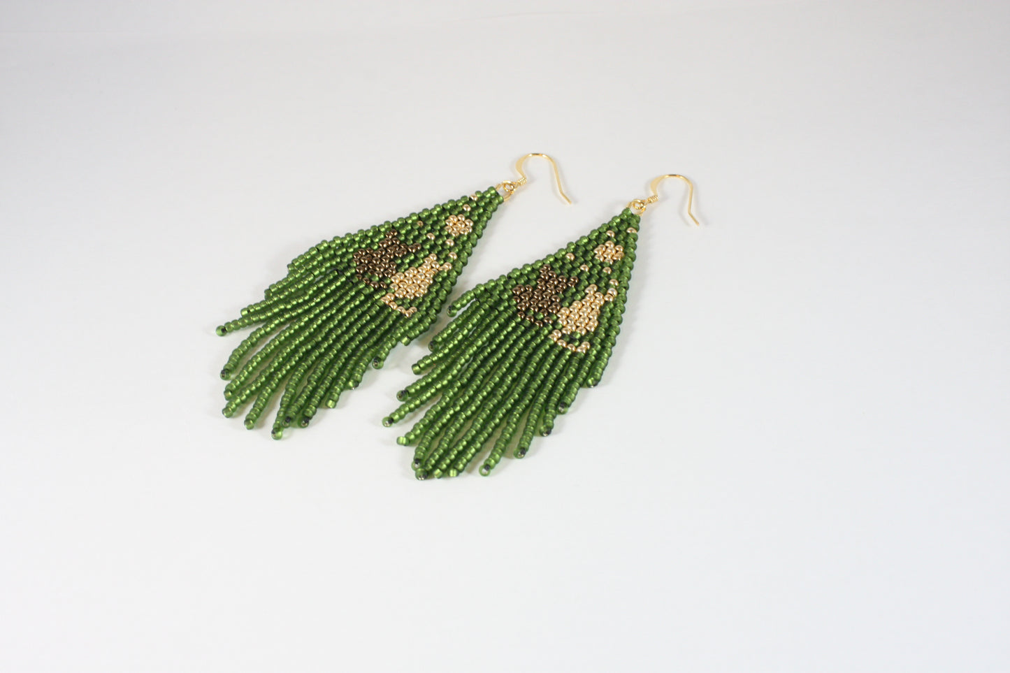 Handwoven fringe seed bead earrings green cats