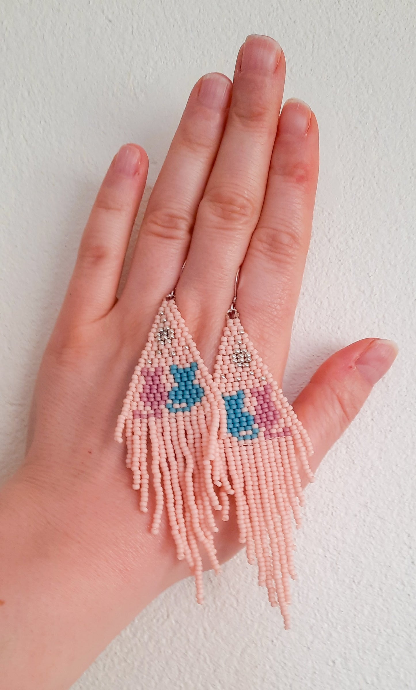 Handwoven fringe glass bead earrings light peach matte cats and moon