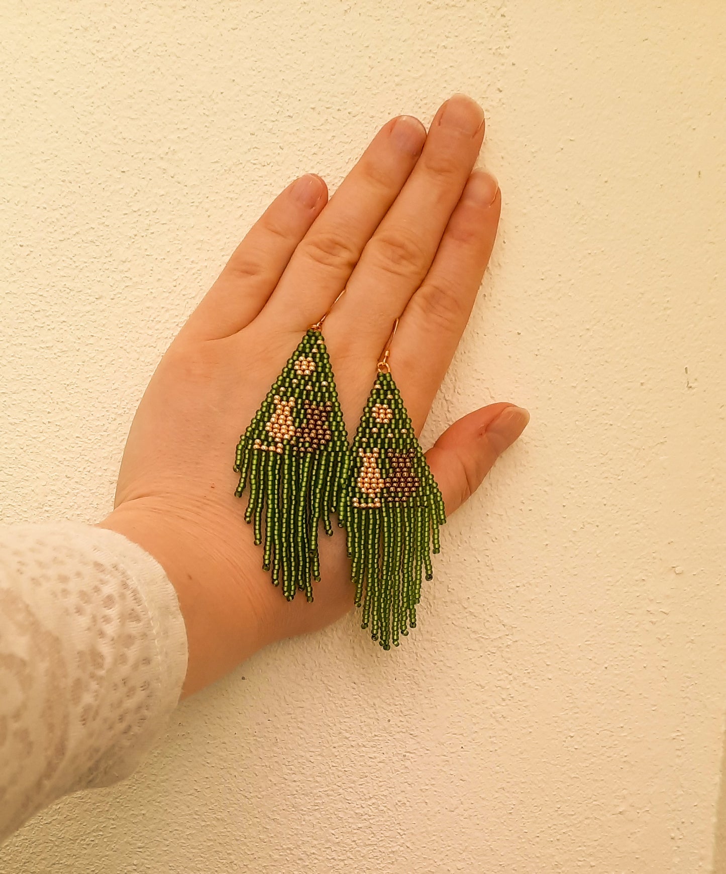 Handwoven fringe seed bead earrings green cats