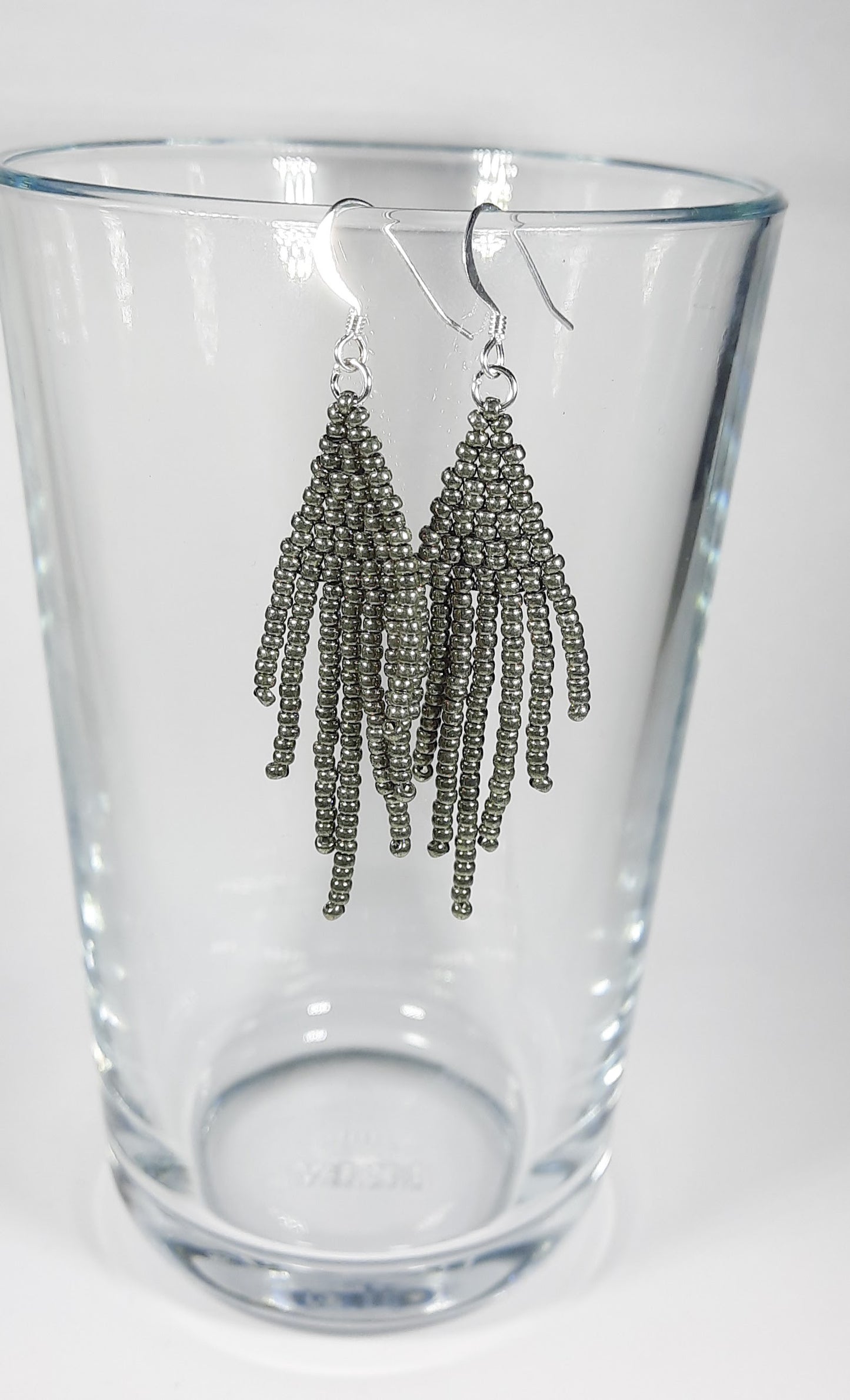 Handwoven fringe seed bead earrings dark metallic small