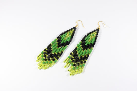 Handwoven fringe seed bead earrings green