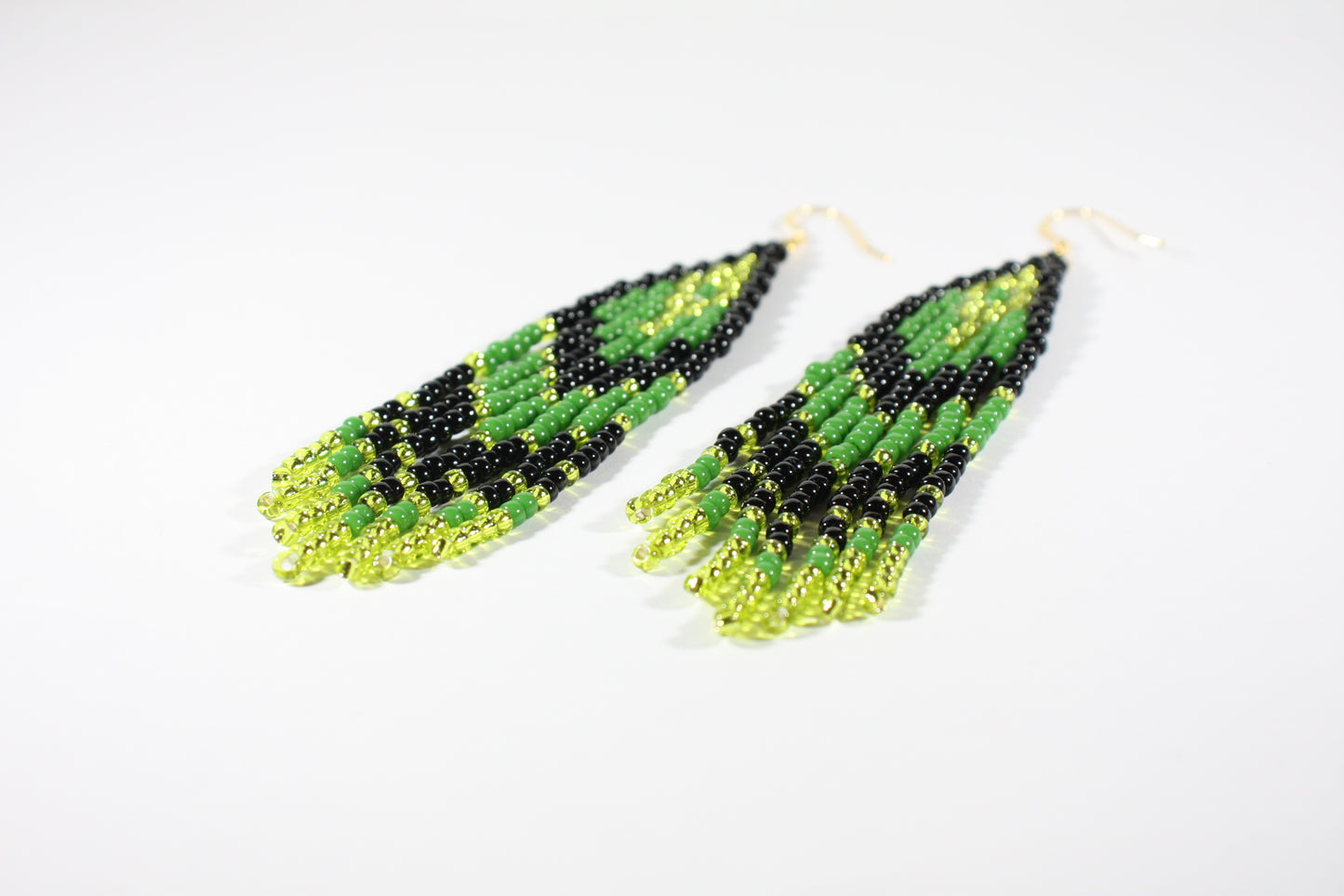 Handwoven fringe seed bead earrings green