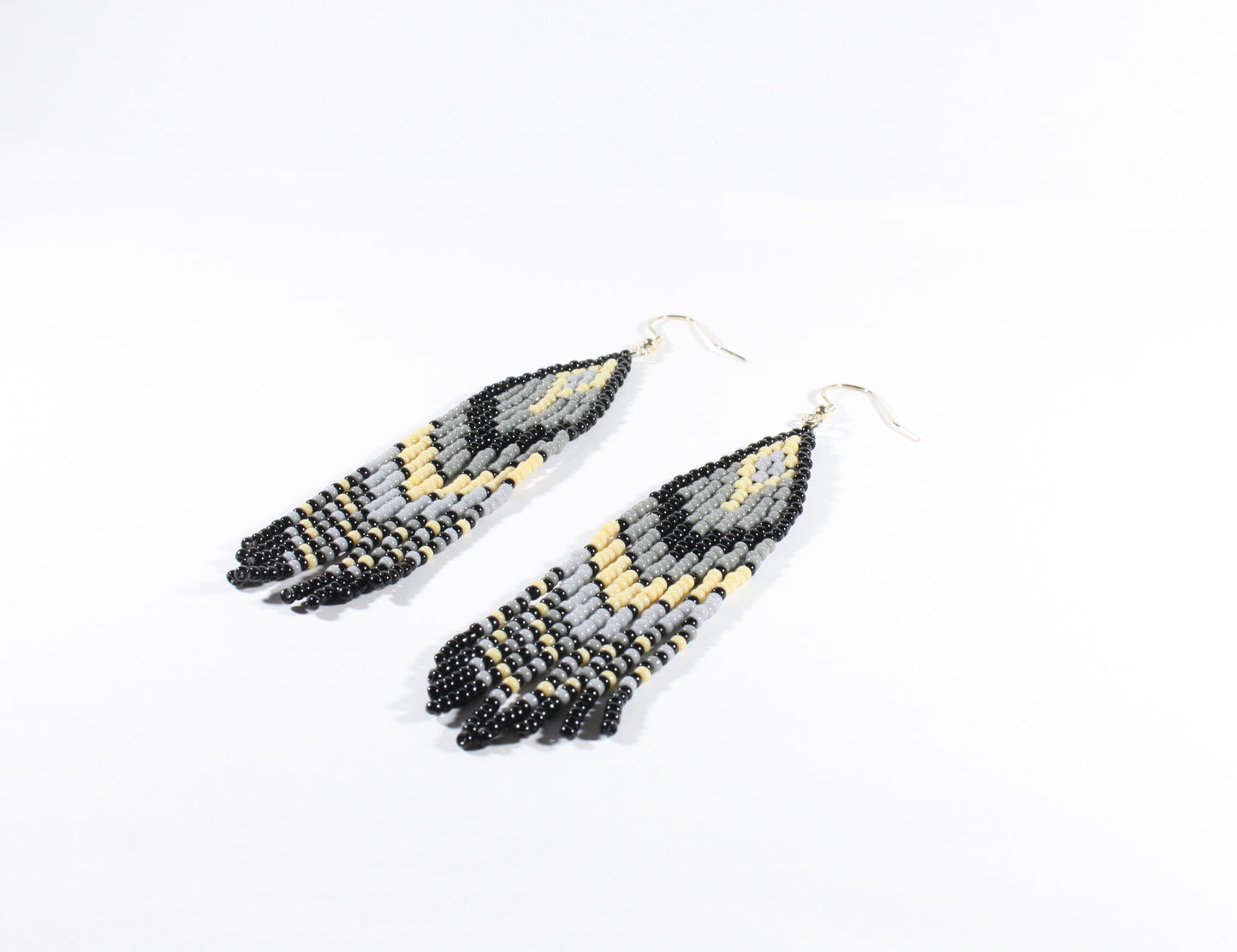 Handwoven fringe seedbead earrings grey, light- yellow