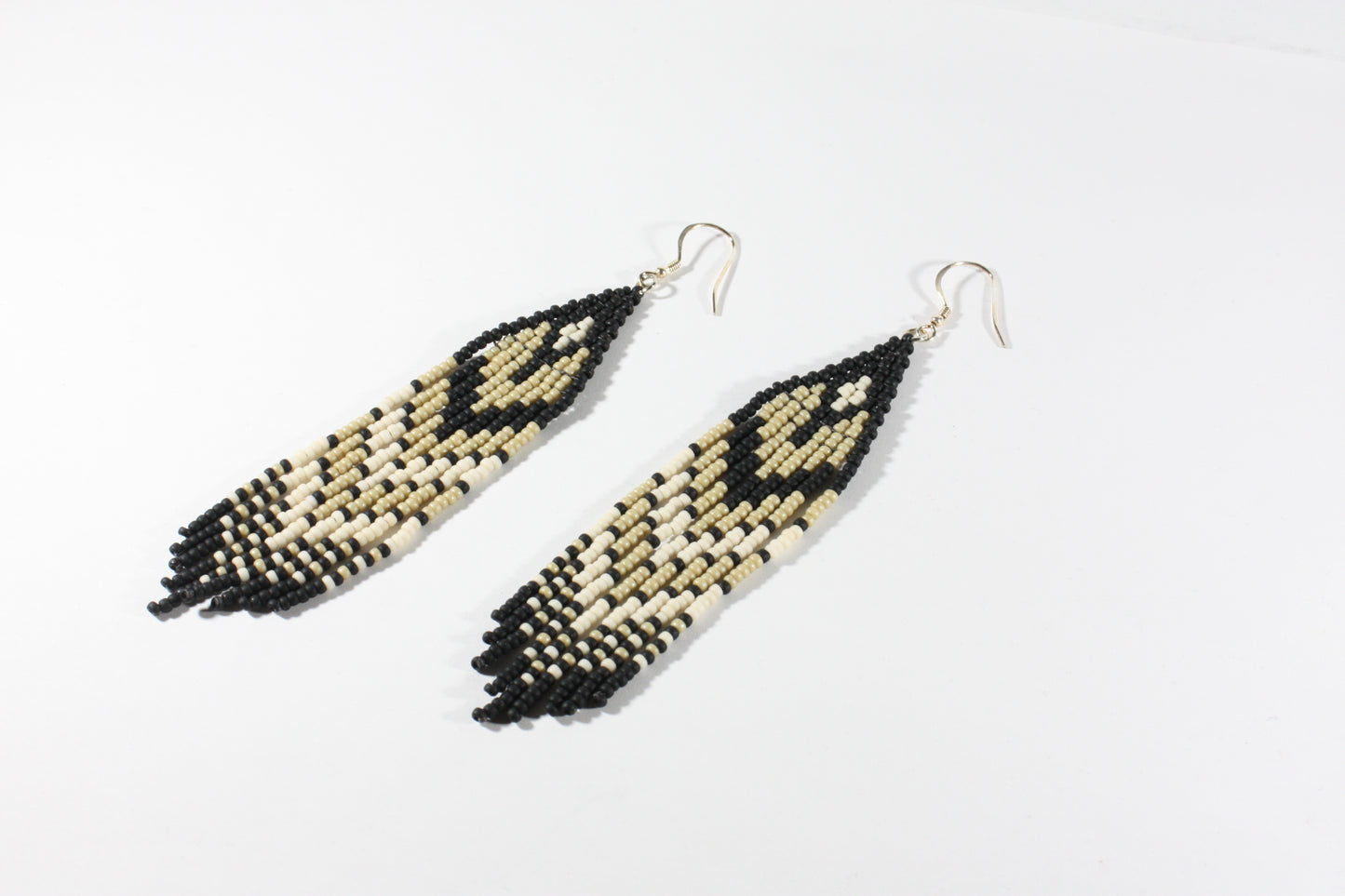 Handwoven fringe seed bead earrings matte black-beige