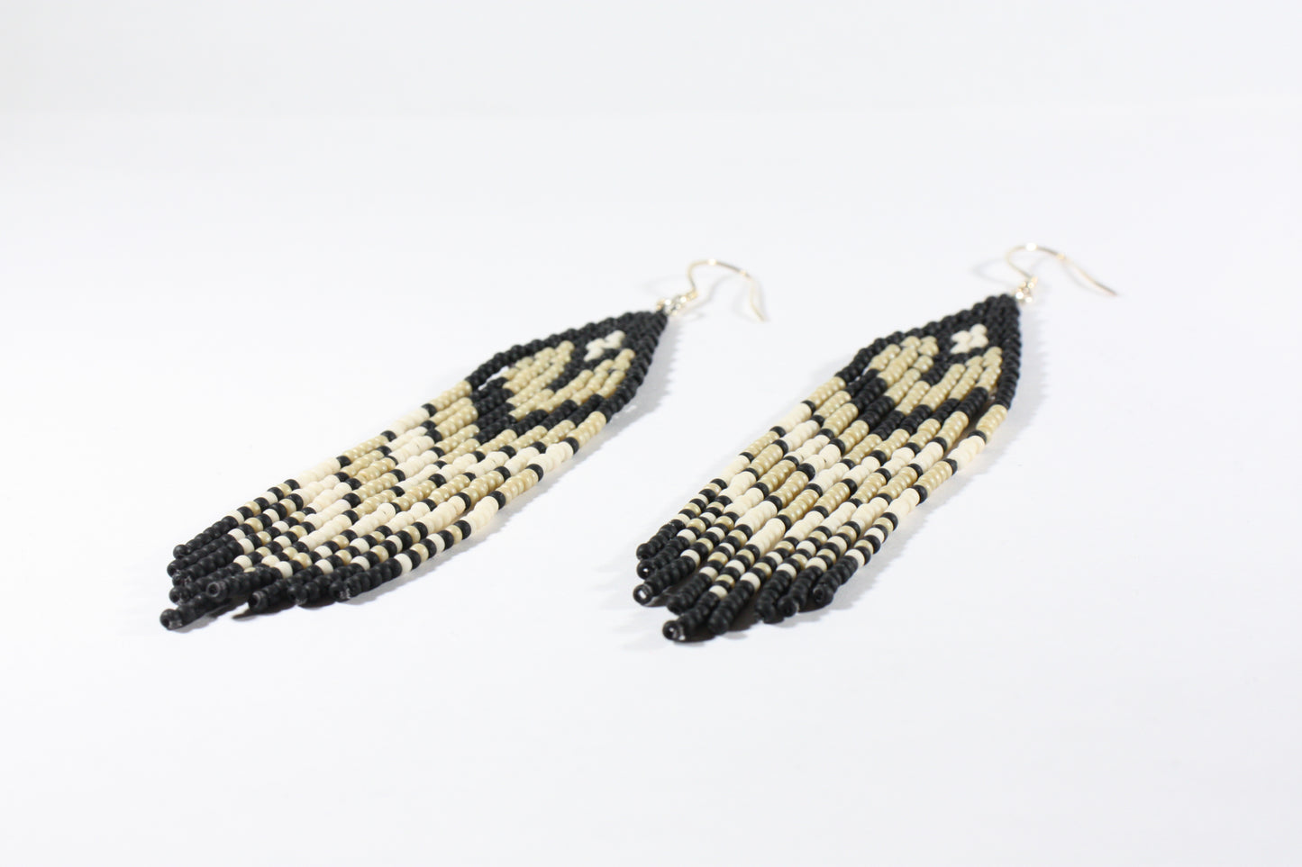 Handwoven fringe seed bead earrings matte black-beige