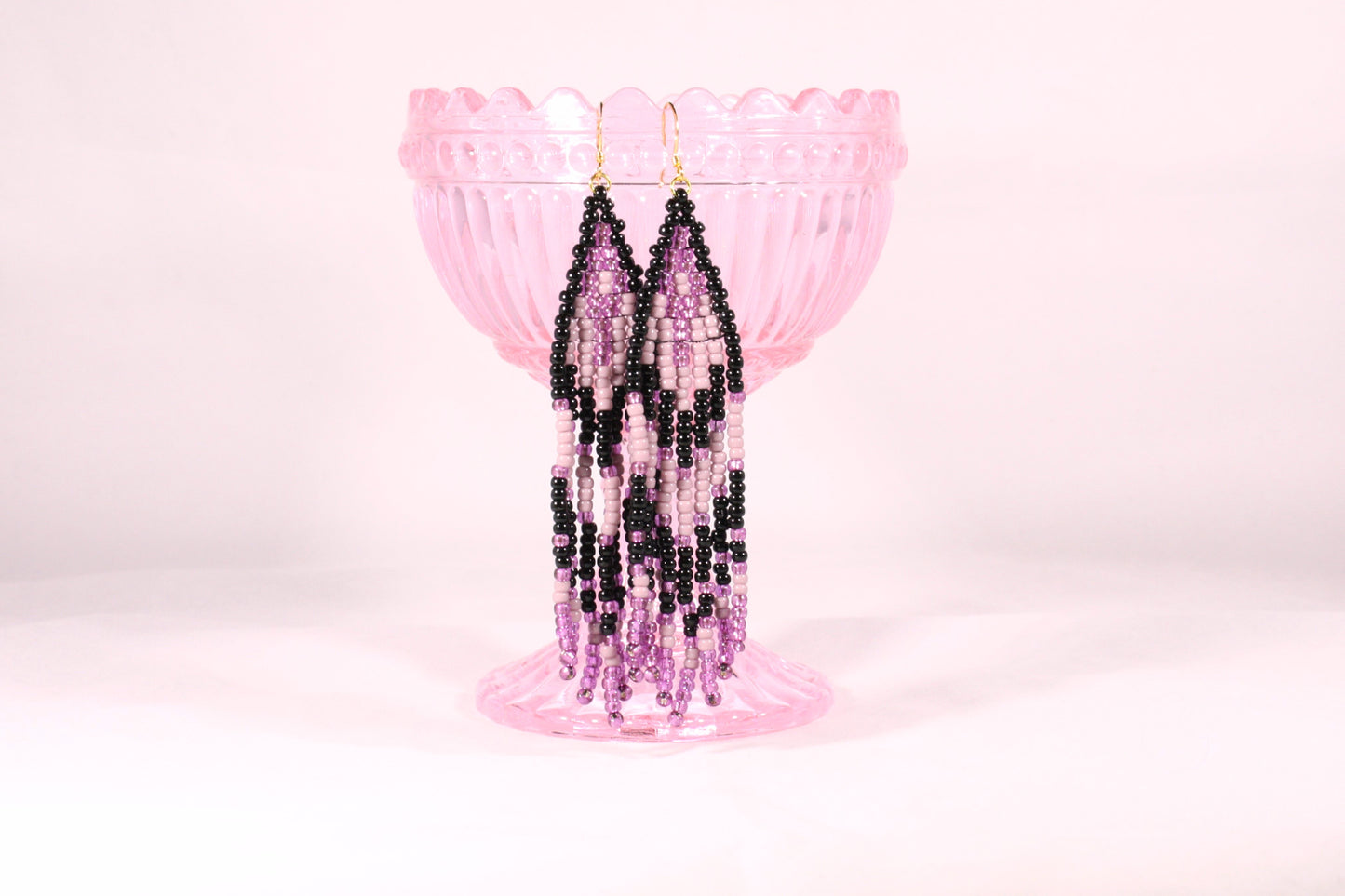 Handwoven fringe seed bead earrings lilac