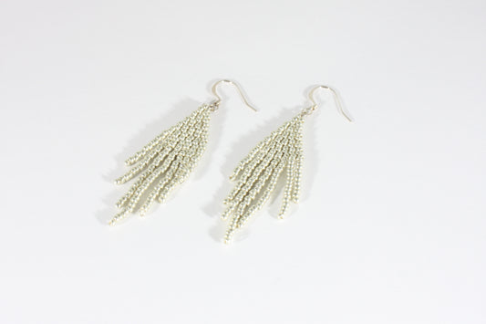 Handwoven fringe seed bead earrings silver colour small