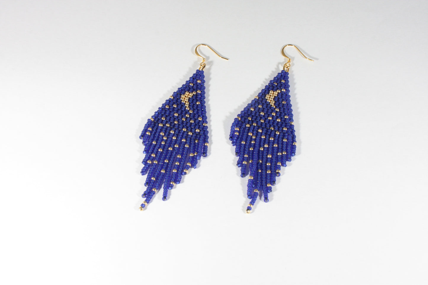 Fringe seed bead earrings Moon and Stars blue