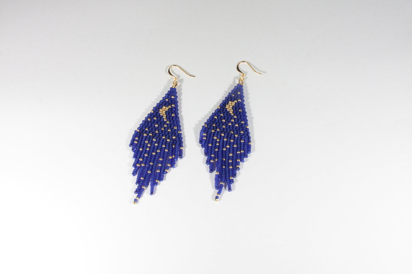 Fringe seed bead earrings Moon and Stars blue