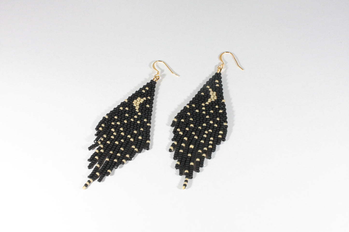 Fringe seed bead earrings Moon and Stars matte black