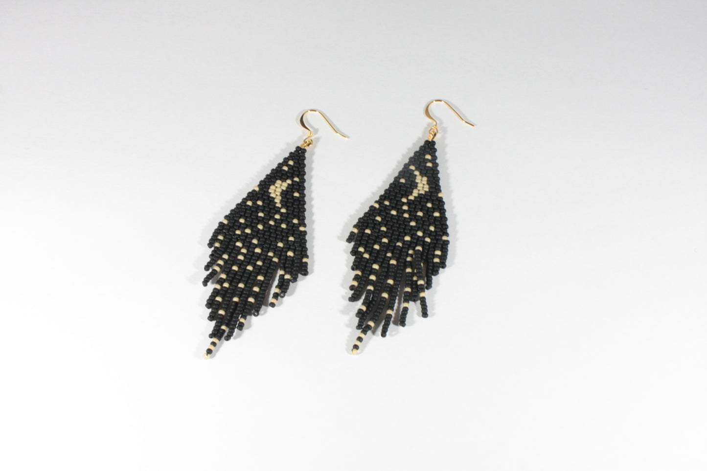 Fringe seed bead earrings Moon and Stars matte black