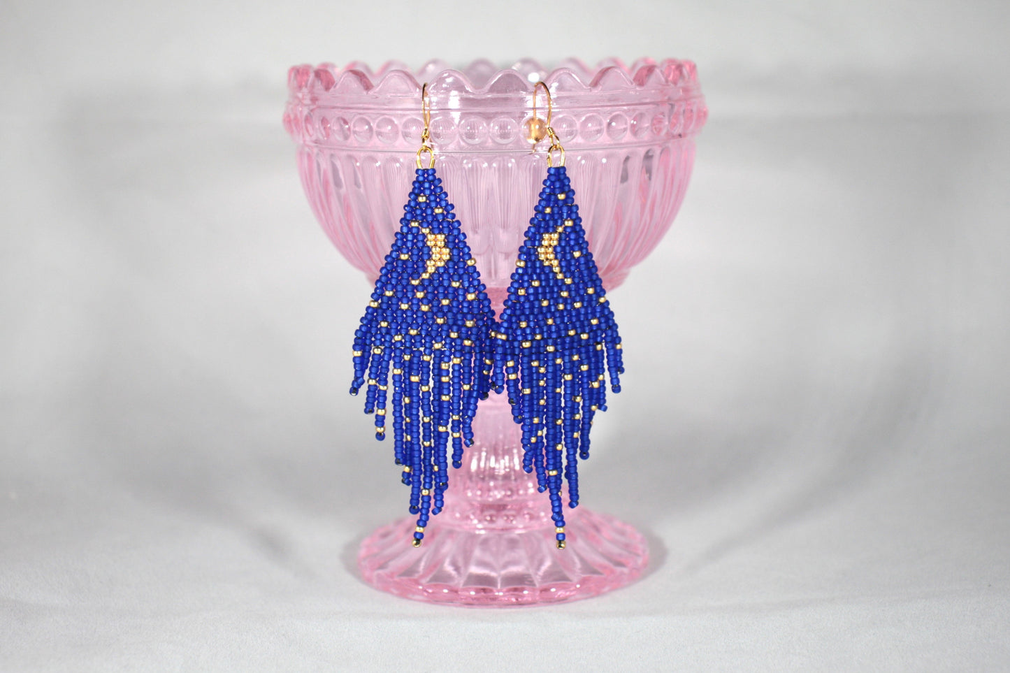 Fringe seed bead earrings Moon and Stars blue