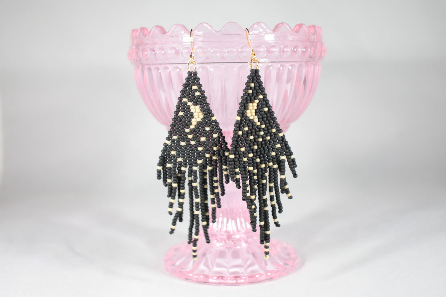 Fringe seed bead earrings Moon and Stars matte black