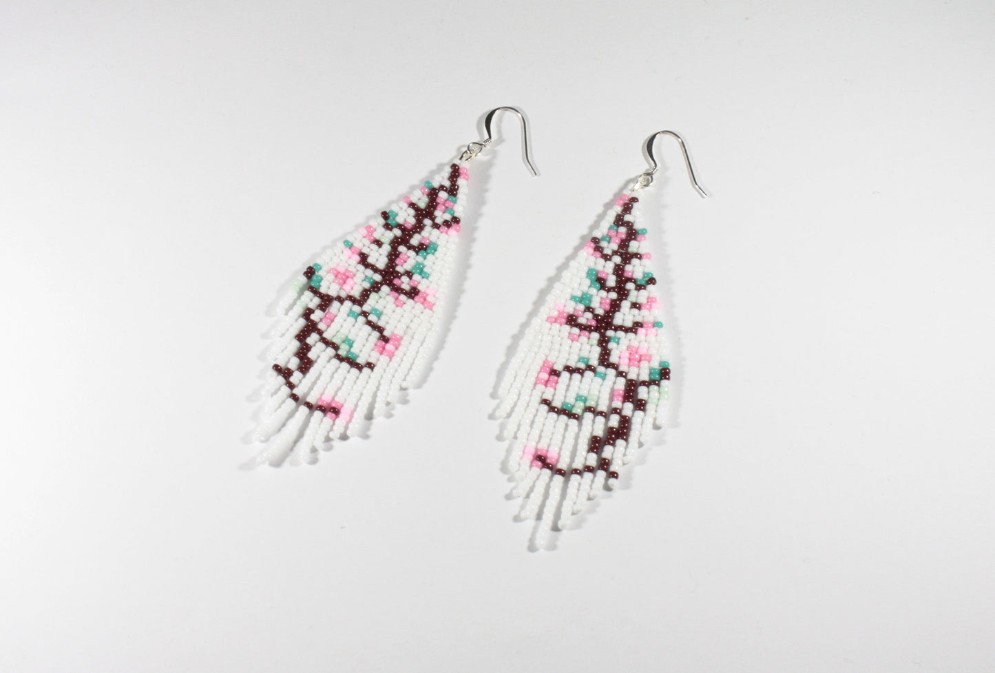 white cherry tree fringe seed bead earrings