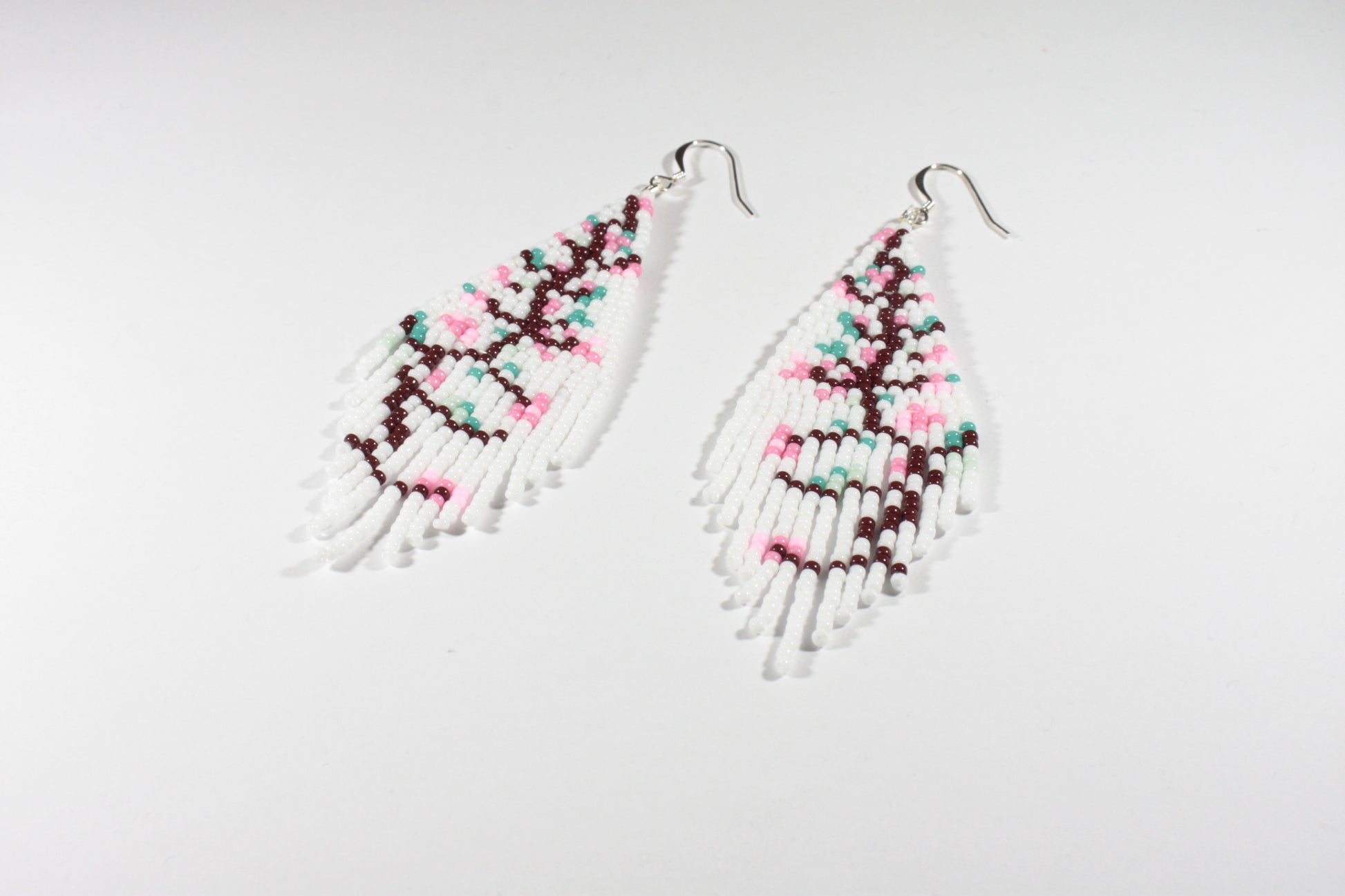 white cherry tree fringe seed bead earrings