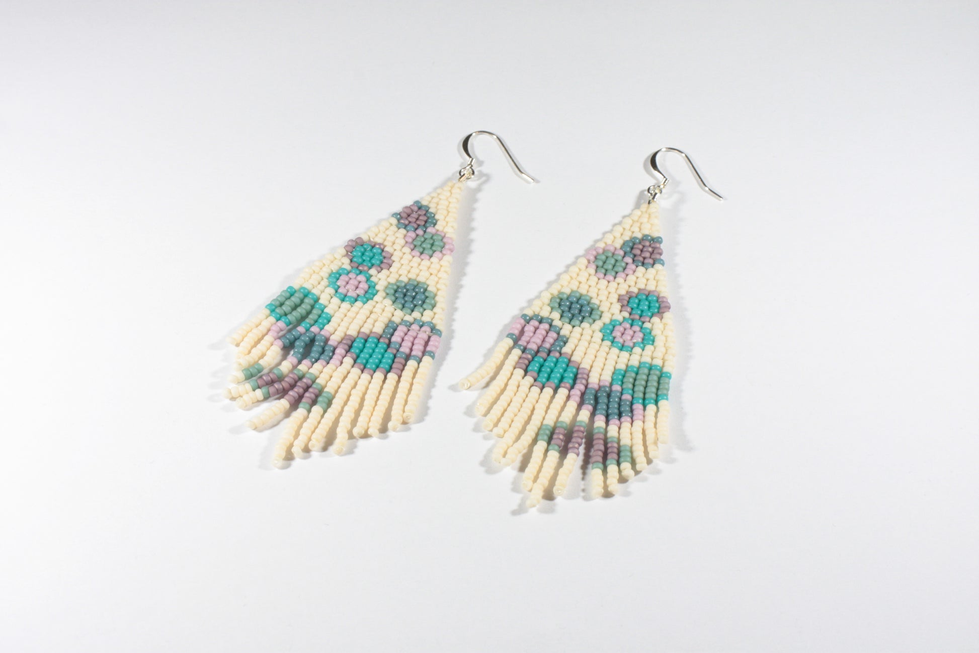 Handwoven glass bead fringe earrings circles matte.