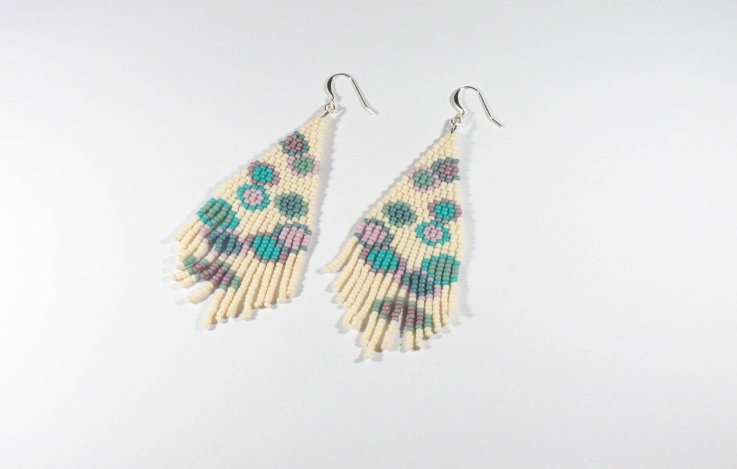 Handwoven glass bead fringe earrings circles matte.