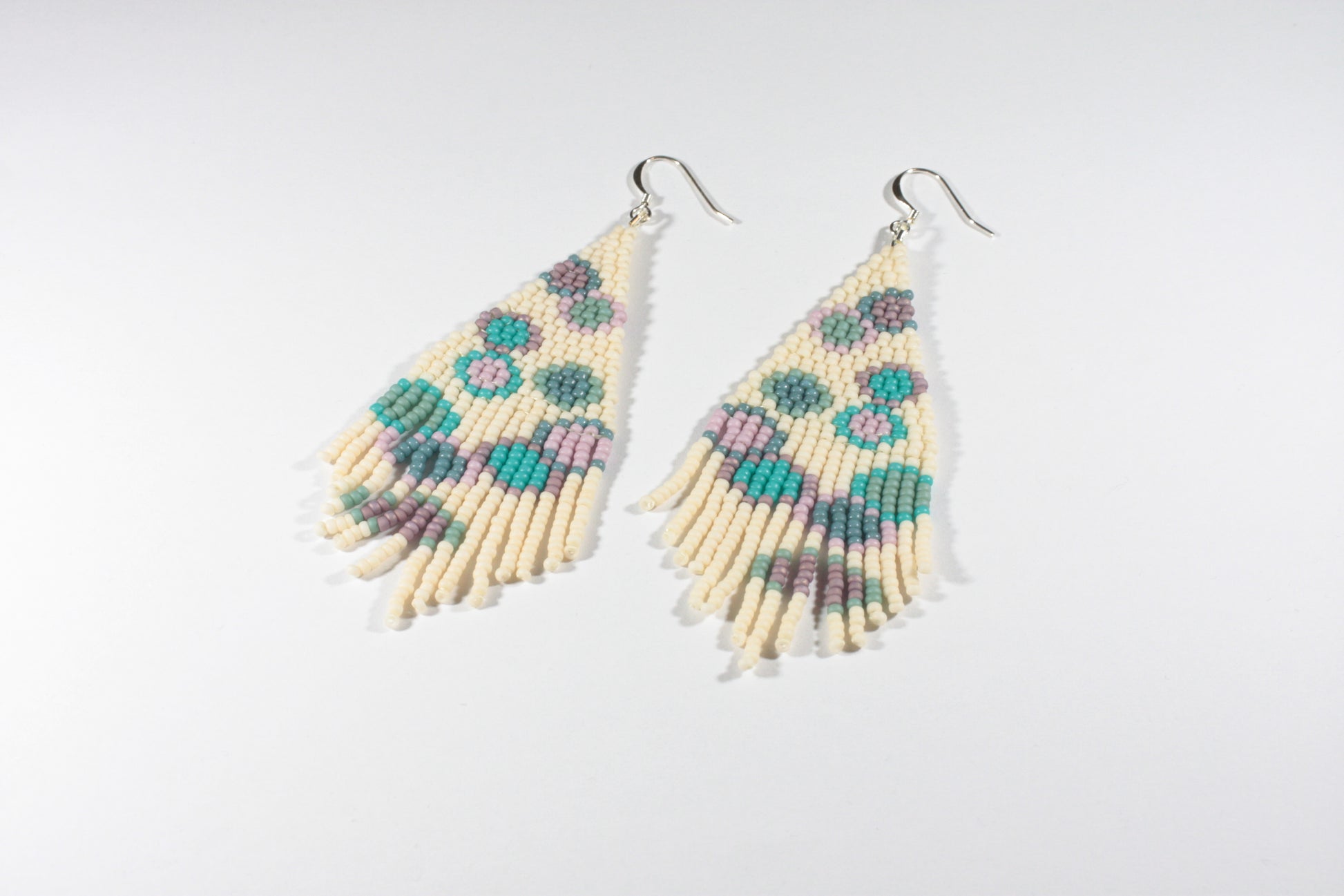 Handwoven glass bead fringe earrings circles matte.