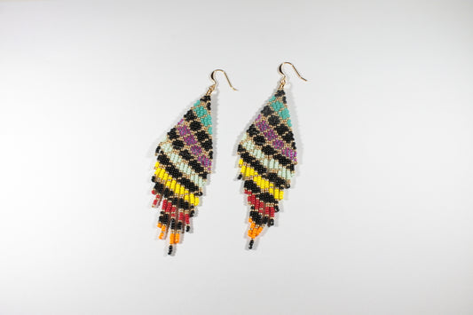 Handwoven seed bead fringe earrings grids colorful with gold color hooks.