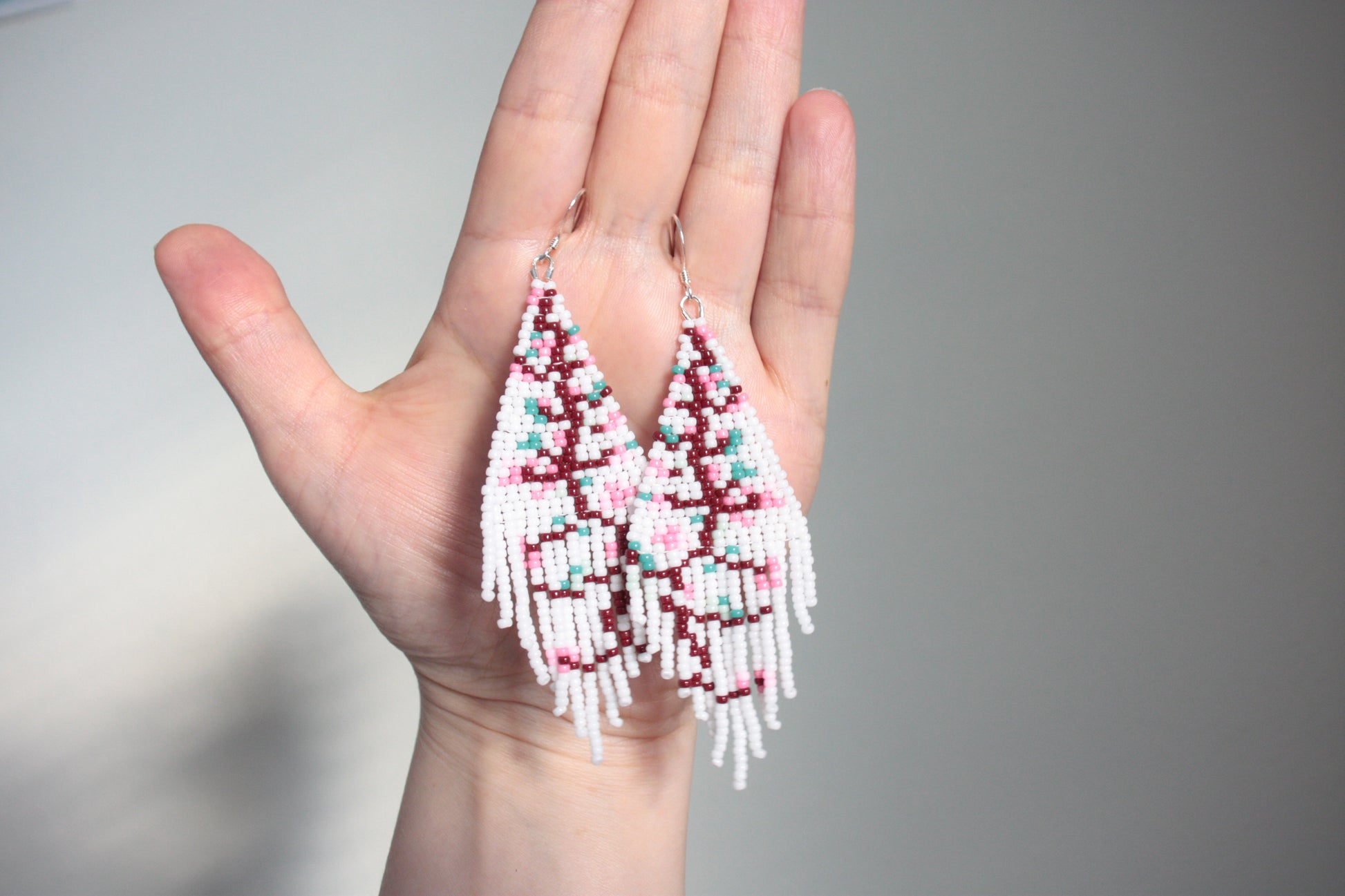 white cherry tree fringe seed bead earrings