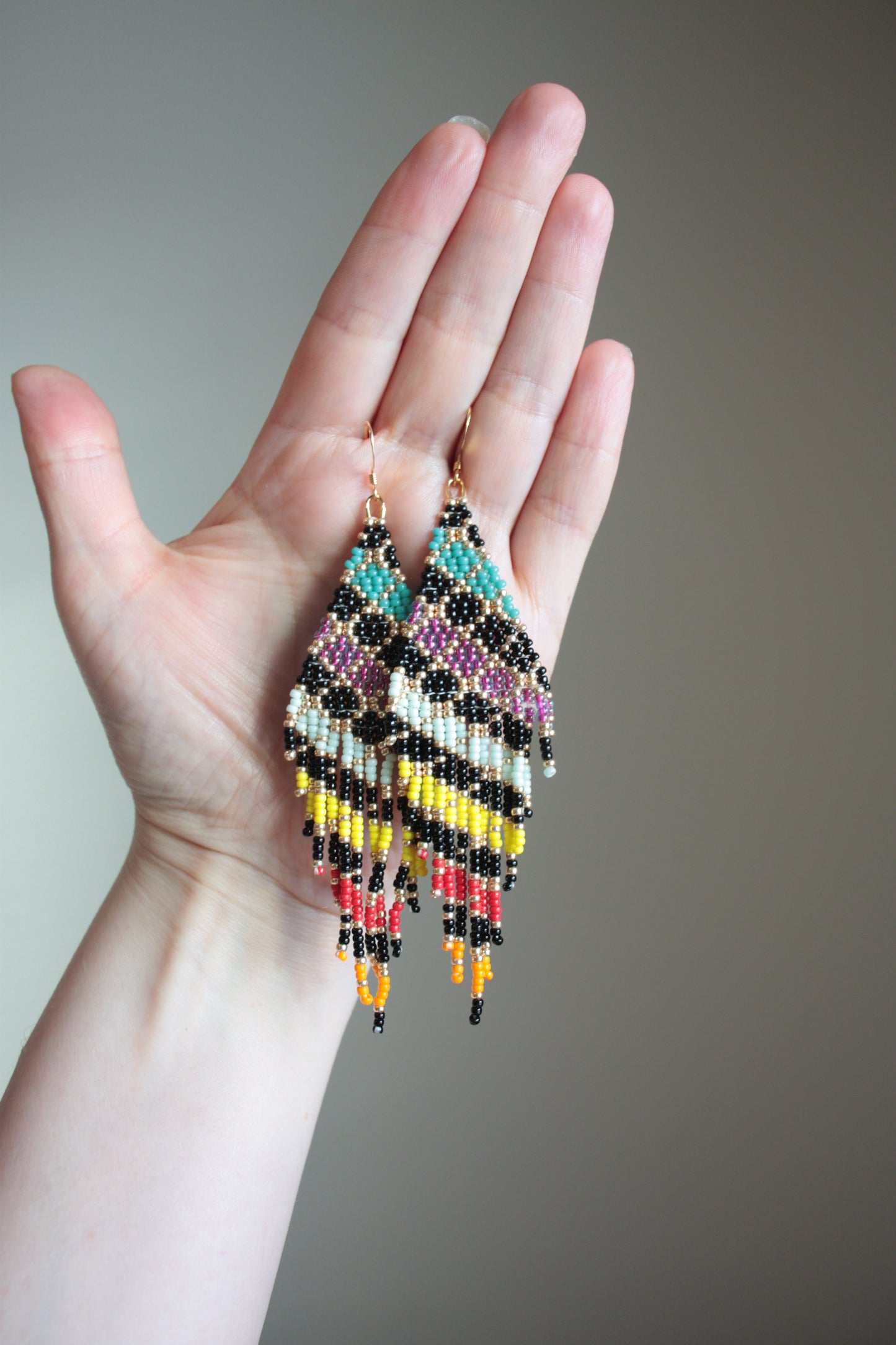 Handwoven seed bead fringe earrings grids colorful with gold color hooks.