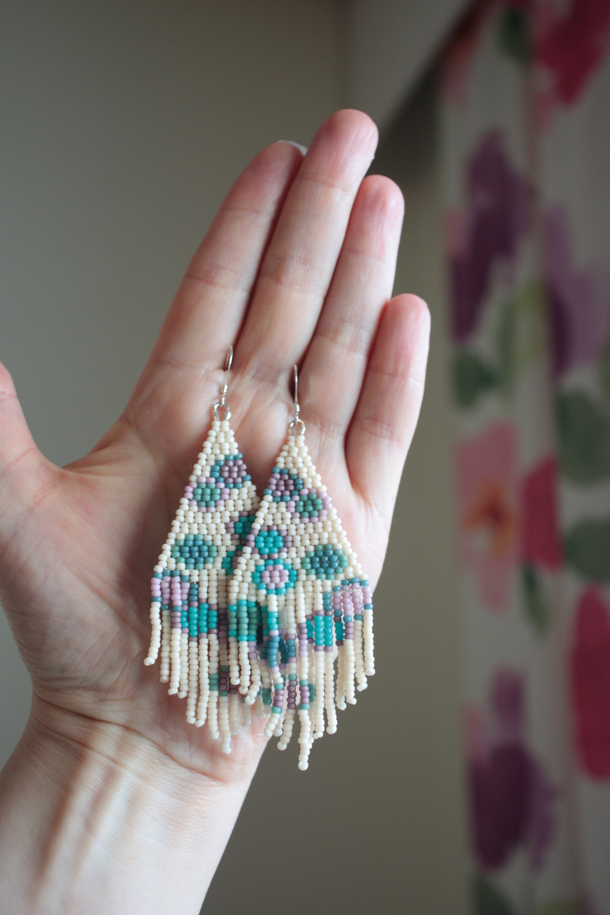 Handwoven glass bead fringe earrings circles matte.