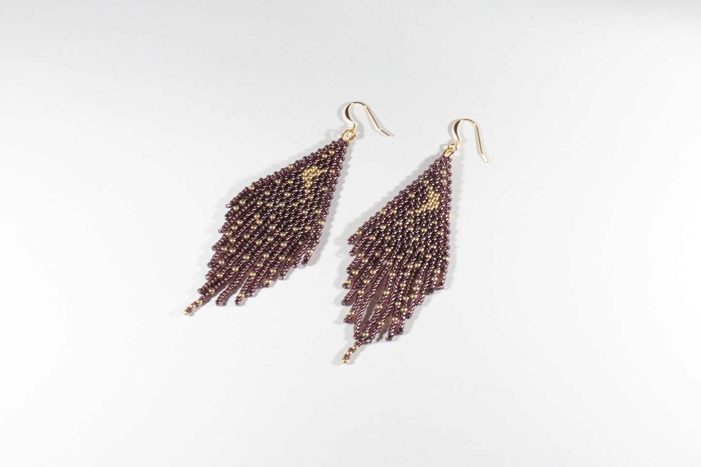 seedbeadfringe earrings moon and stars dark amethyst and gold color