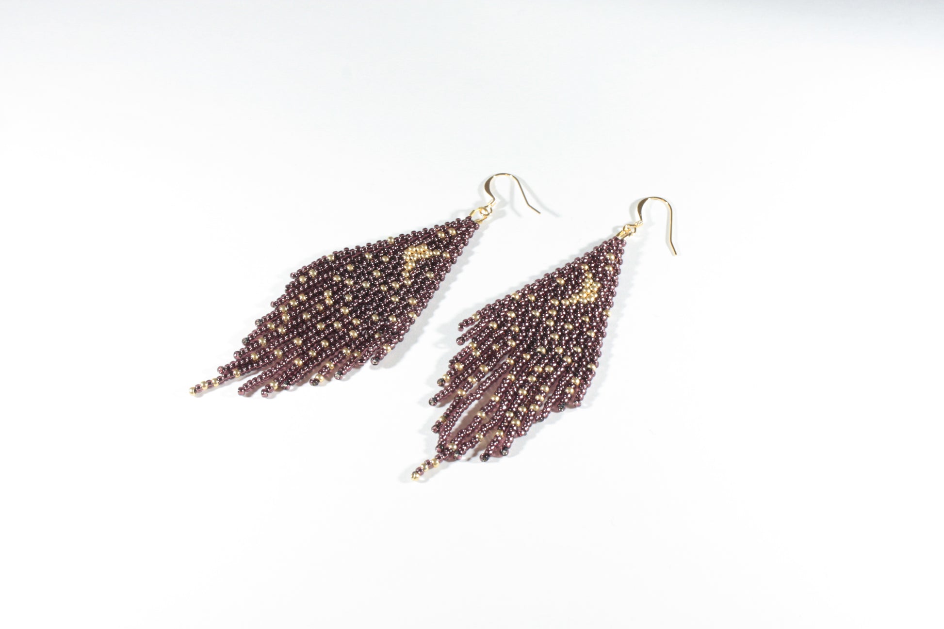 seedbeadfringe earrings moon and stars dark amethyst and gold color