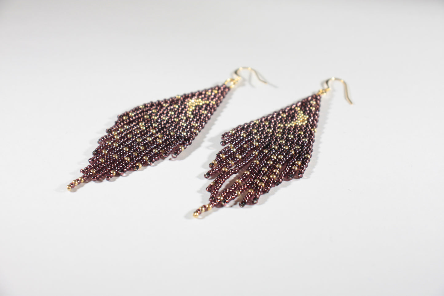 seedbeadfringe earrings moon and stars dark amethyst and gold color