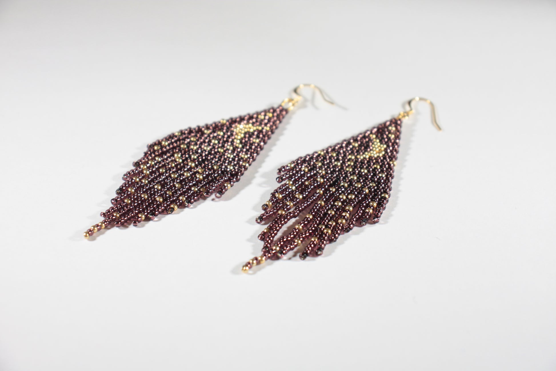 seedbeadfringe earrings moon and stars dark amethyst and gold color