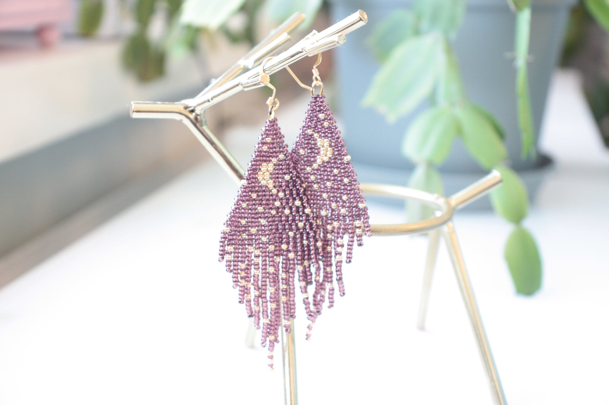 seedbeadfringe earrings moon and stars dark amethyst and gold color