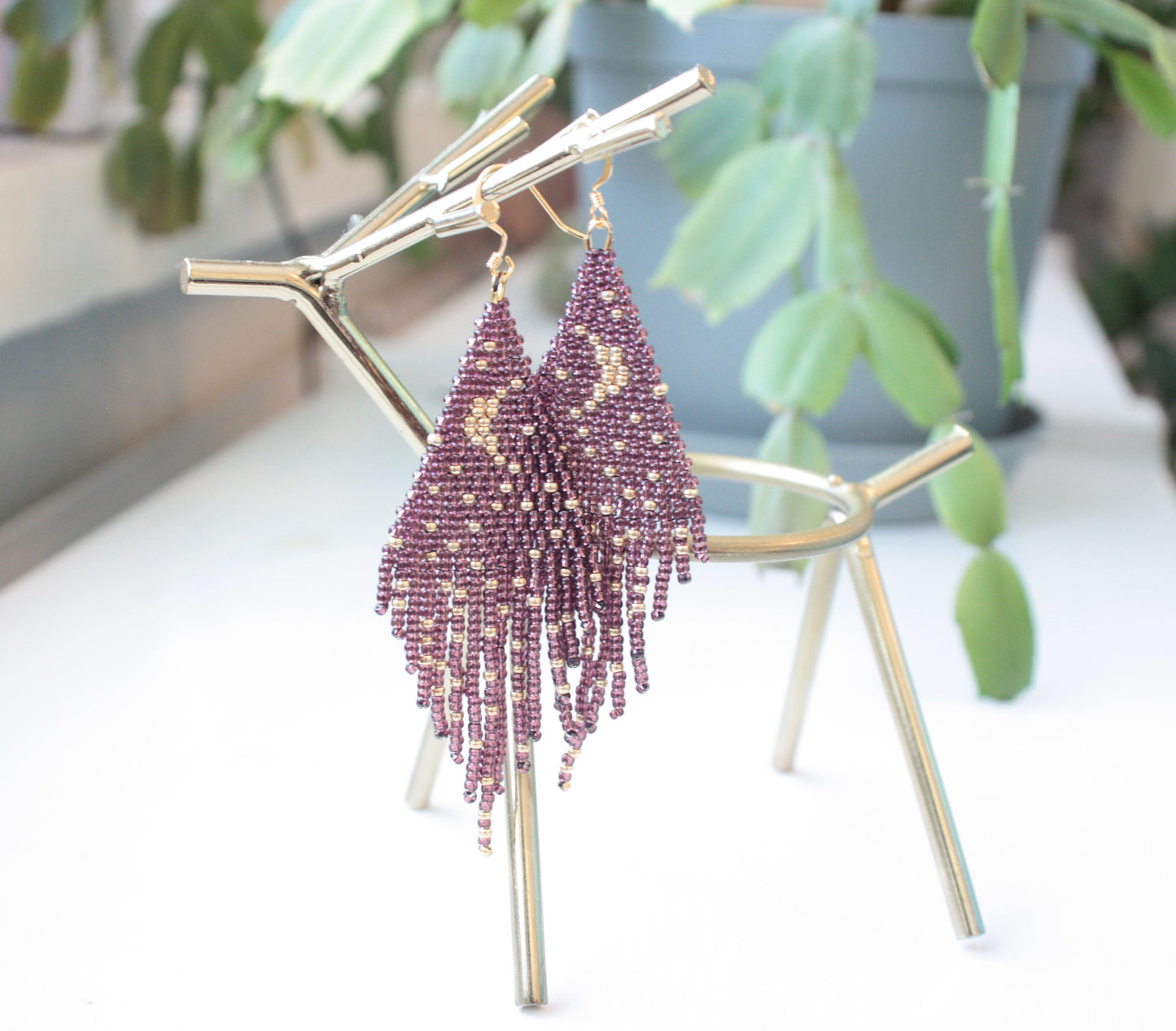 seedbeadfringe earrings moon and stars dark amethyst and gold color