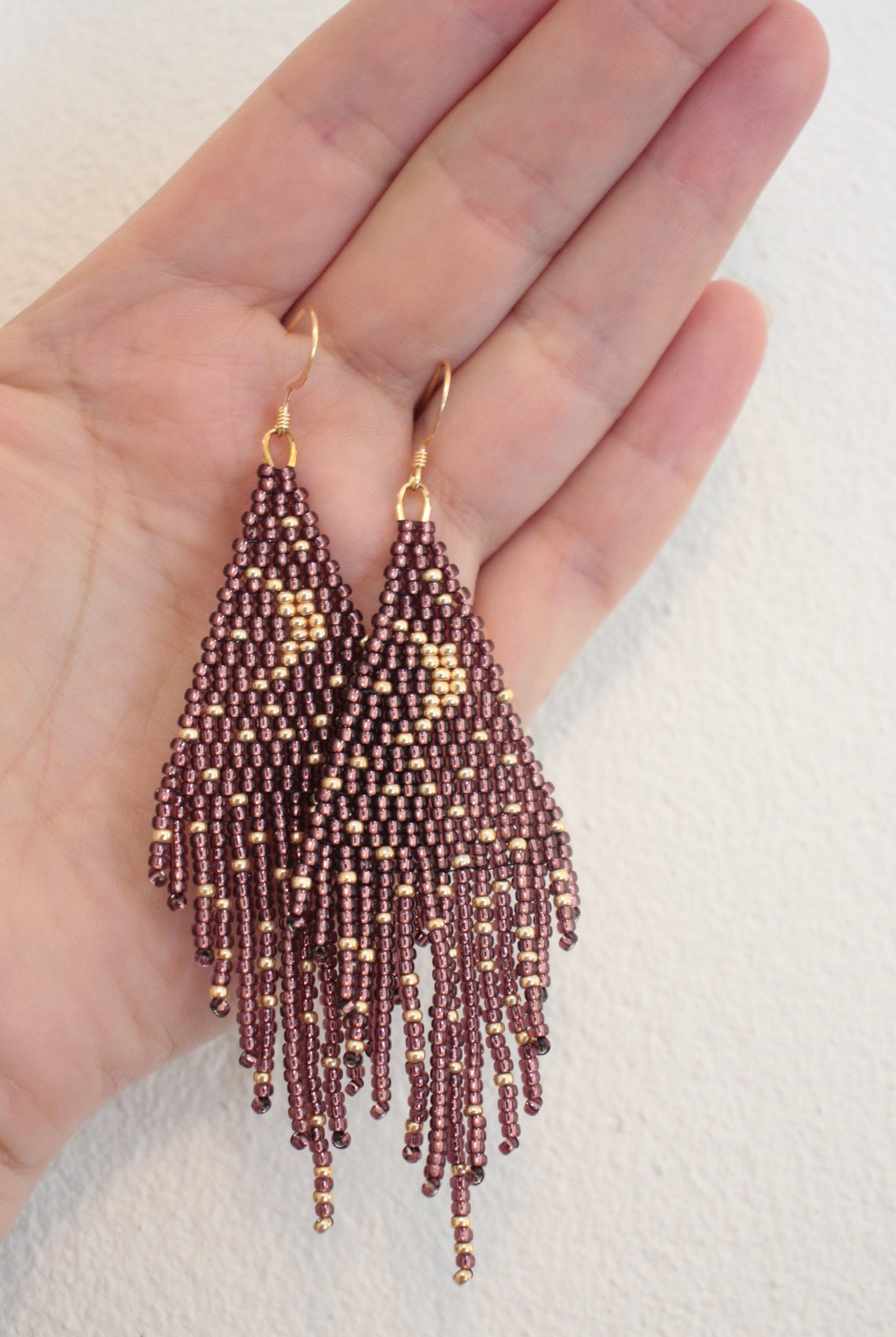 seedbeadfringe earrings moon and stars dark amethyst and gold color