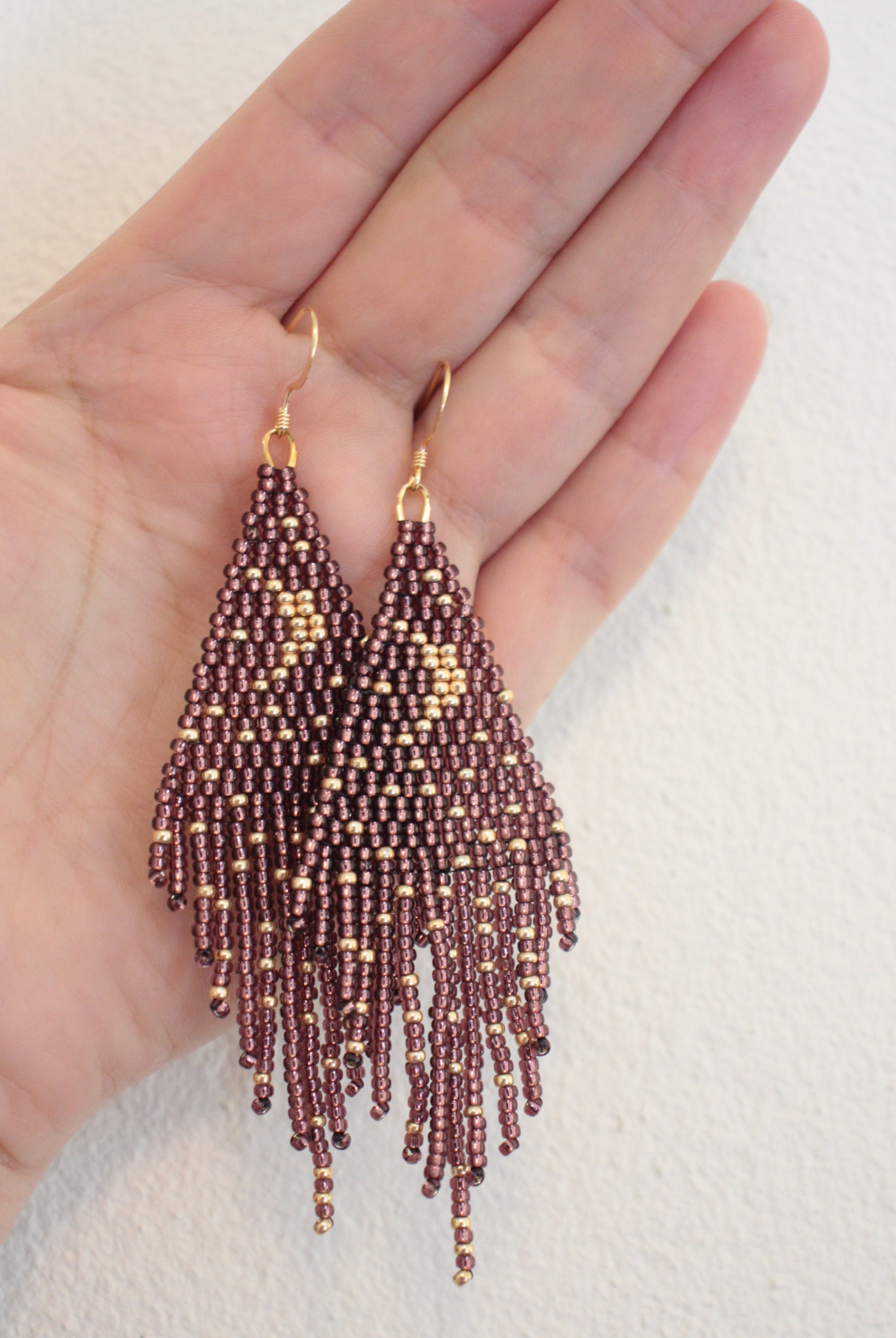 seedbeadfringe earrings moon and stars dark amethyst and gold color