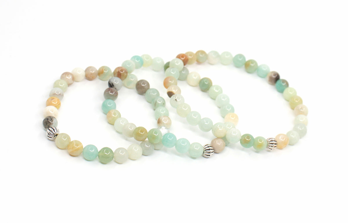 Three amazonite beads stretchy bracelets on the white background. Kolme amatsoniittihelmi joustavaa rannekorua valkoisella pohjalla. 
