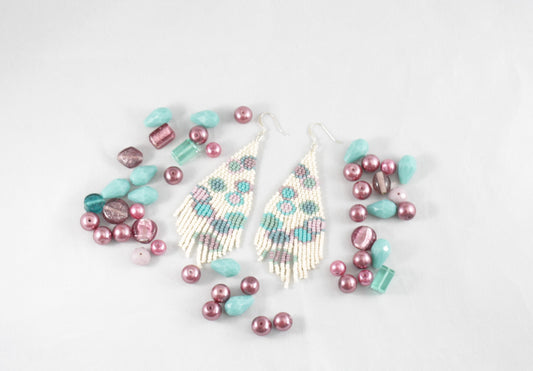 Handwoven glass bead fringe earrings circles matte.