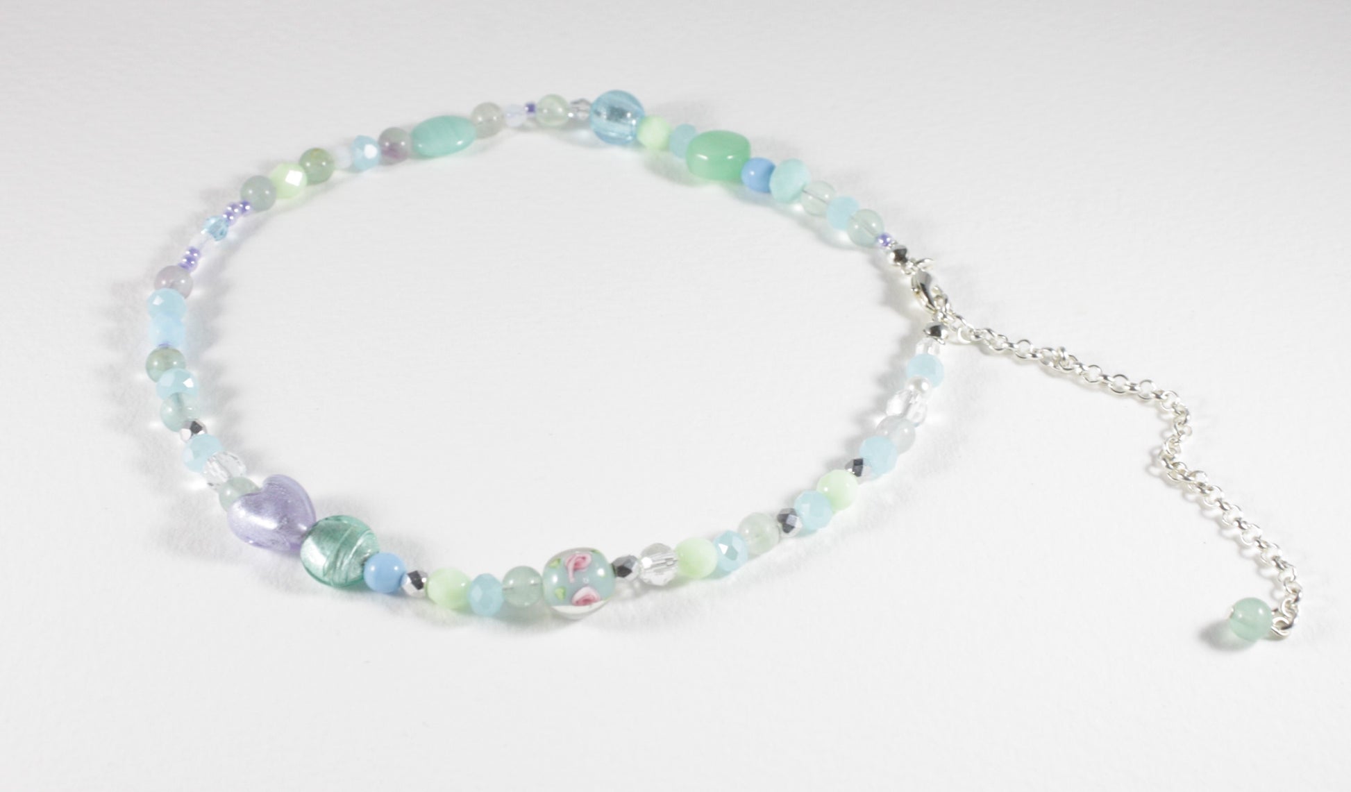 Fluorite choker necklace and different glass beads with silver color clasp and extension chain.