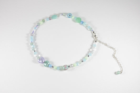 Fluorite choker necklace and different glass beads with silver color clasp and extension chain.