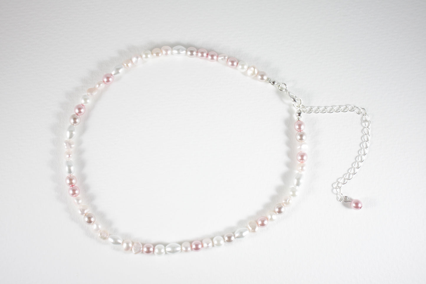 Freshwater pearl nuggets and different glass beads choker necklace pink and white with silver color clasp and extension chain.