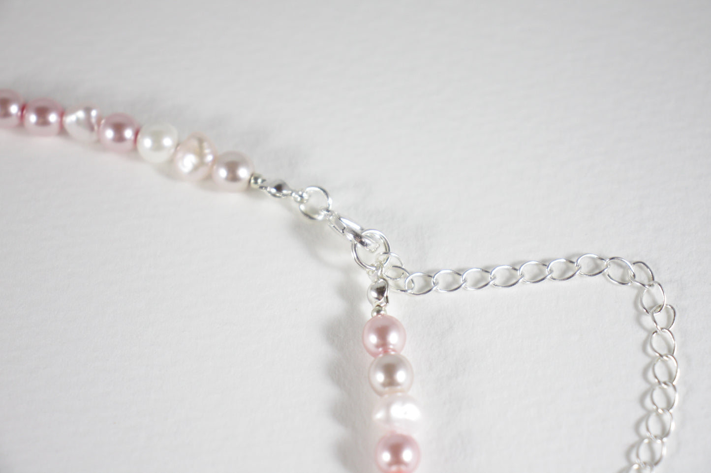 Freshwater pearl nuggets and different glass beads choker necklace pink and white with silver color clasp and extension chain.