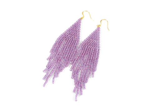 Fringe seed bead earrings sparkling lila with gold color hooks.