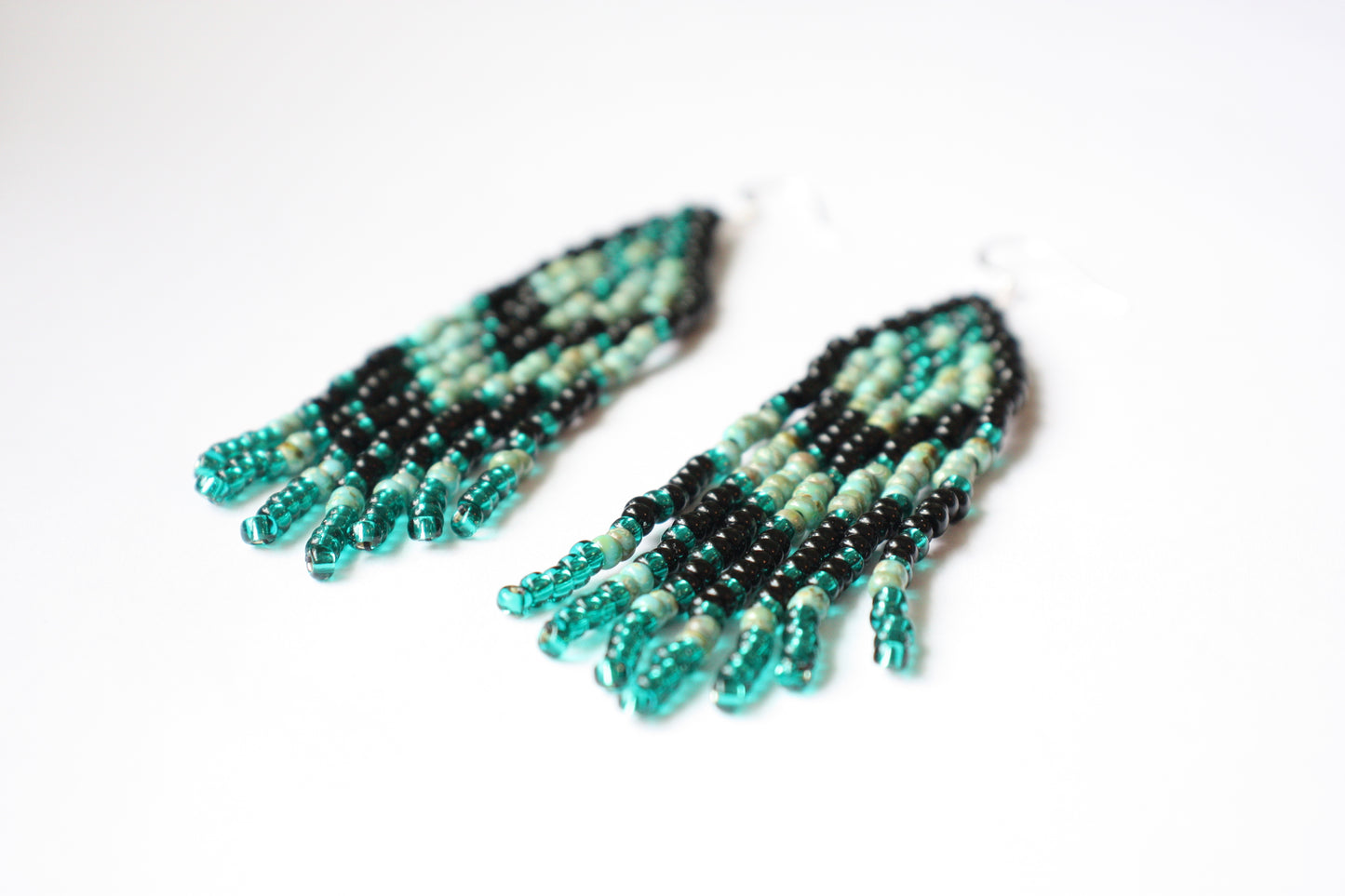 Handwoven fringe seed bead earrings turquoise