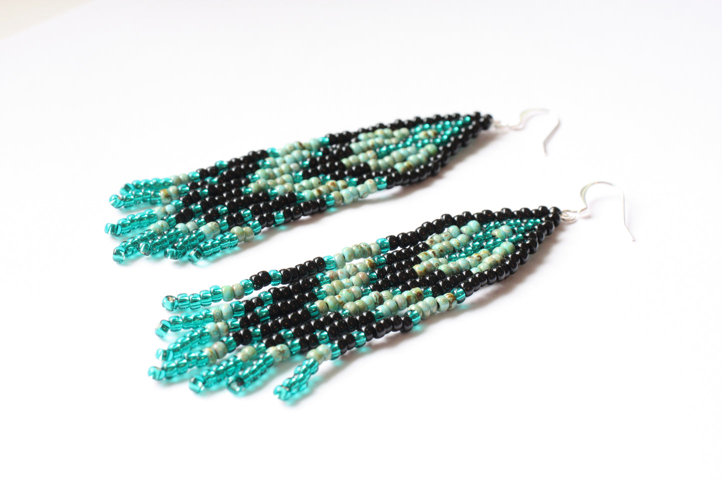 Handwoven fringe seed bead earrings turquoise