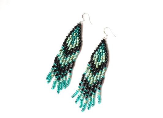 Handwoven fringe seed bead earrings turquoise