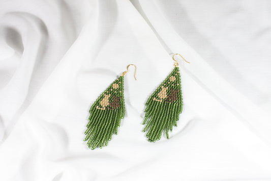 Handwoven fringe seed bead earrings green cats