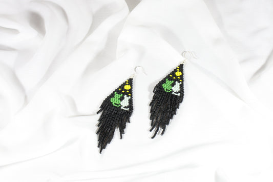 Handwoven fringe seed bead earrings black  cats