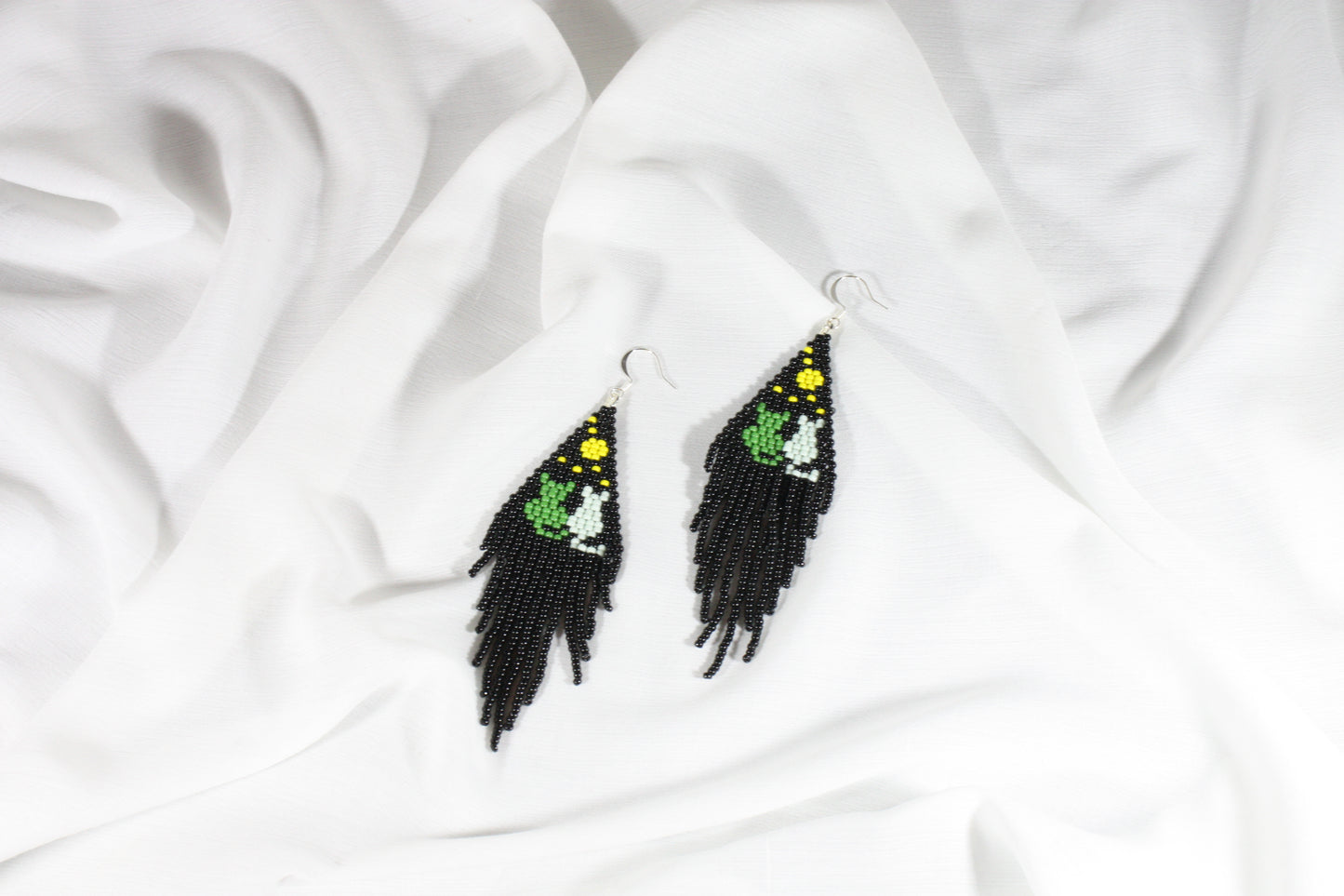 Handwoven fringe seed bead earrings black  cats